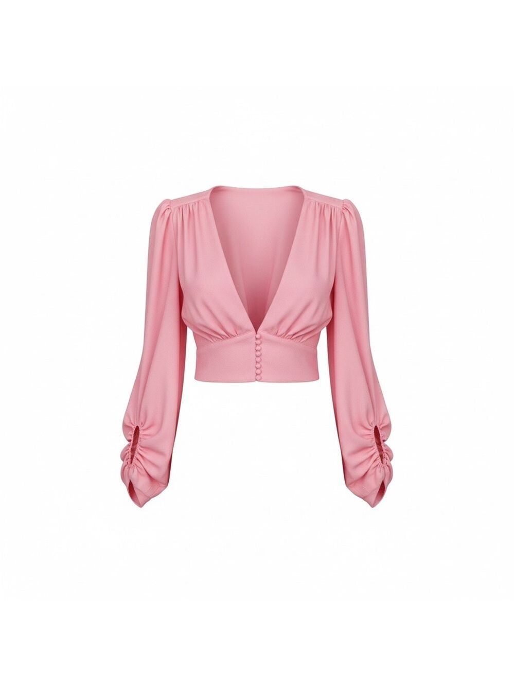 Signature8 Pink Deep V Crop Blouse with Puff Sleeves
